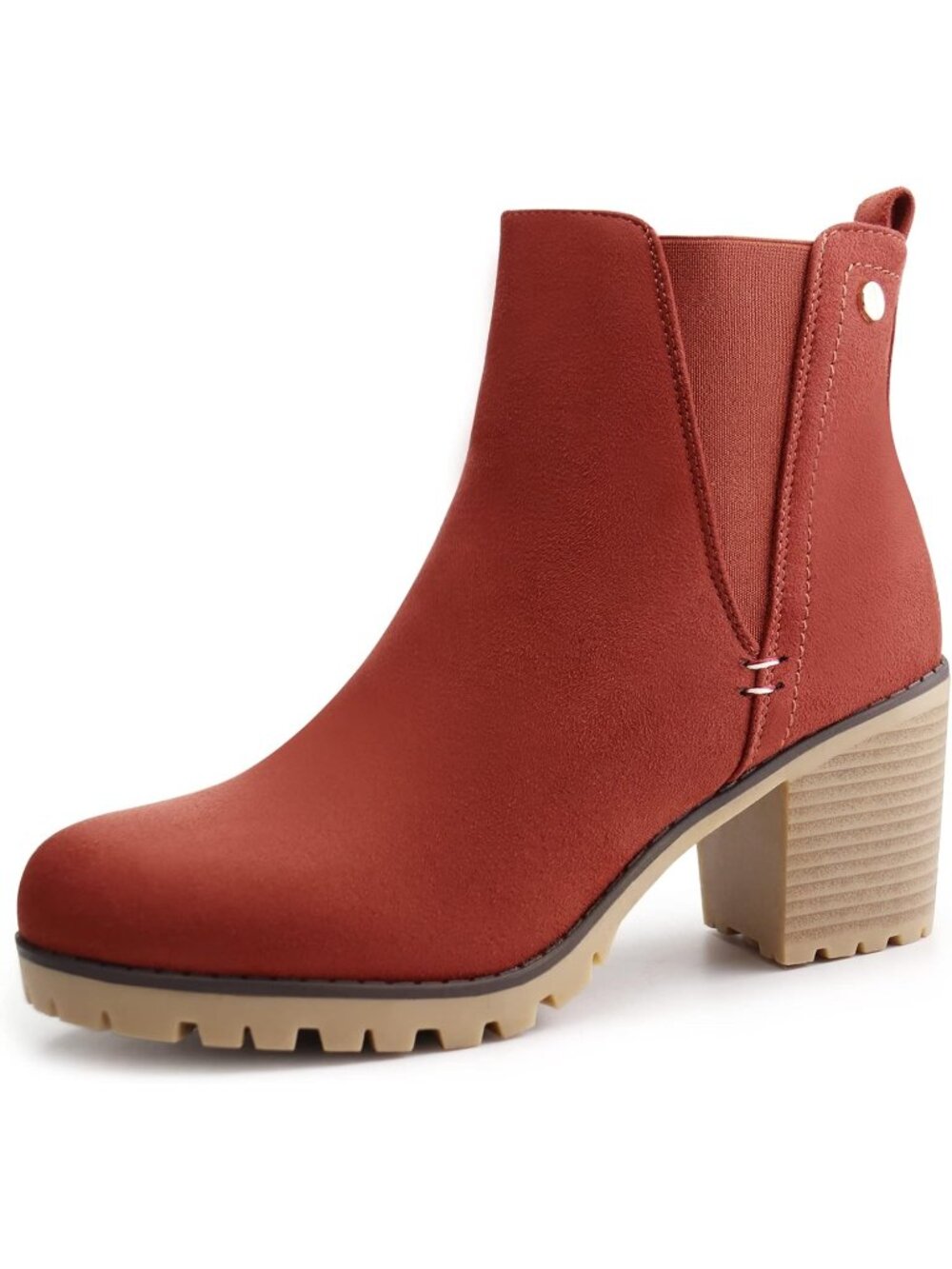 Women's Red Suede Ankle Booties Slip On Chelsea Chunky Block Heel Short Boots
